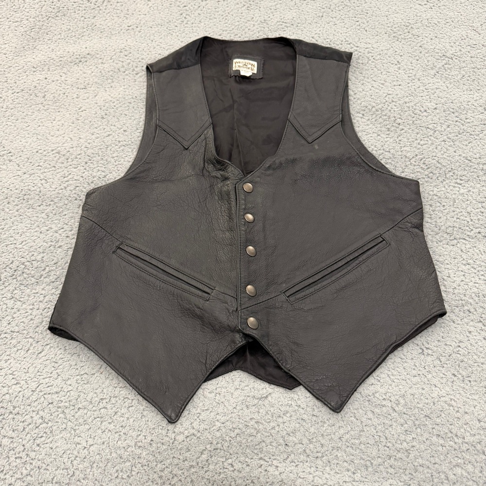Western Frontier Leather Biker Vest Mens Small Black Genuine Snap Cinch